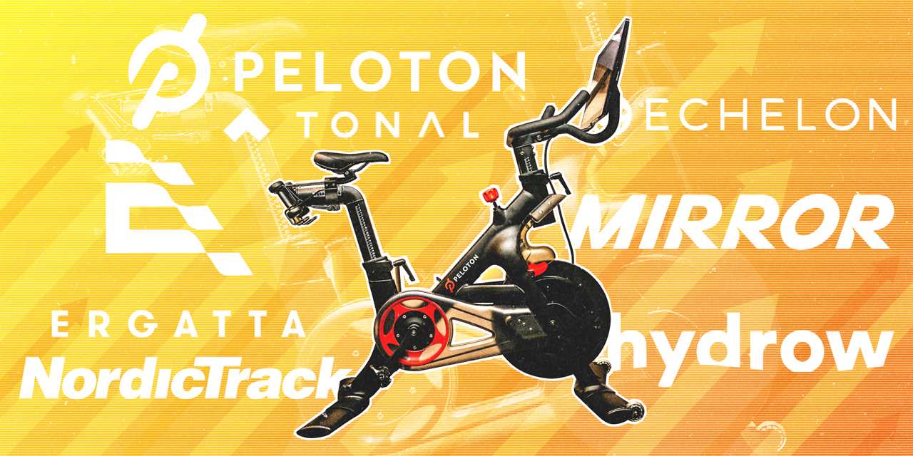 Company logos for Peloton, Tonal, Mirror, Tempo, Ergatta appear over a yellow to orange gradient background