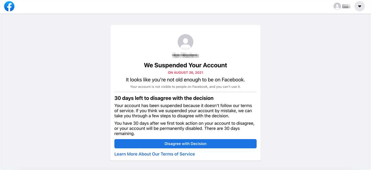 A Facebook error page explaining that the user's account has been disabled because they're too young to use Facebook.