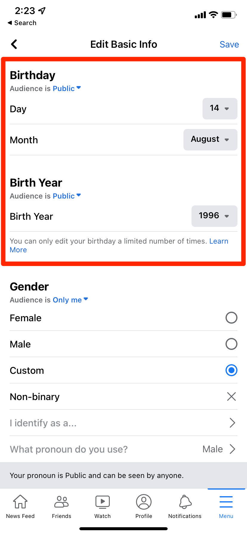 A page that lets the user edit their birthday and public gender identity. The Birthday and Birth Year sections are highlighted.