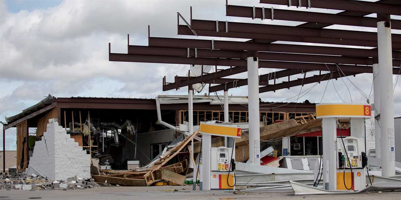 A destroyed gas station in