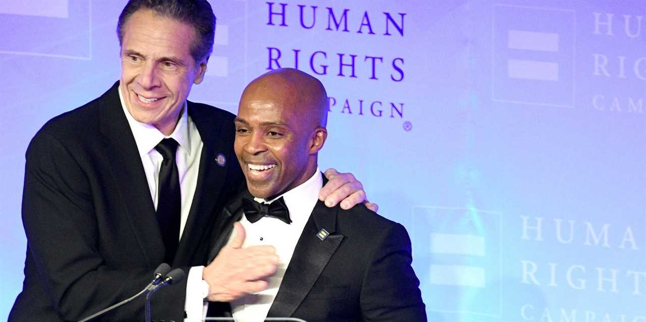 New York State Governor Andrew Cuomo is welcomed to the stage by HRC President Alphonso David during the Human Rights Campaign's 19th Annual Greater New York Gala at the Marriott Marquis Hotel on February 01, 2020 in New York City.