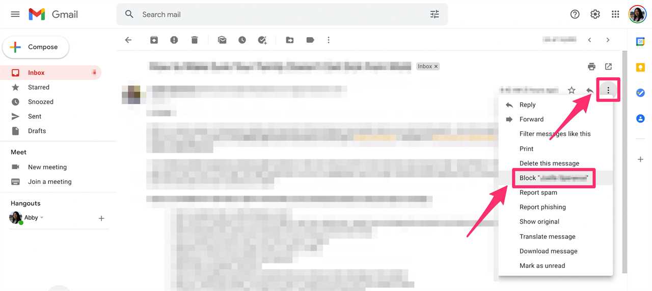 Desktop screenshot of a Gmail email with the Block option highlighted