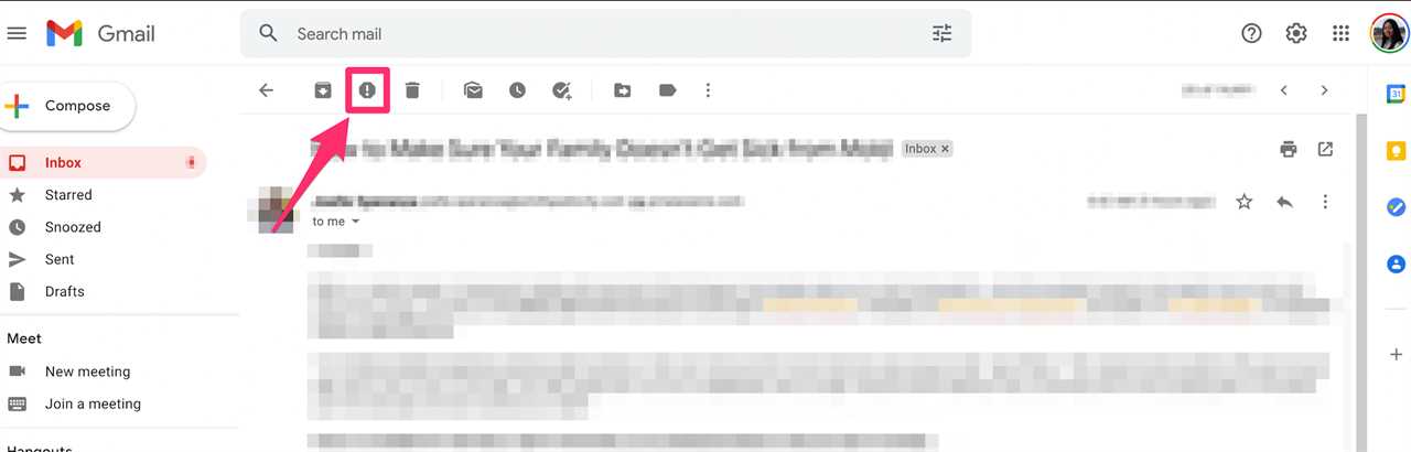 Desktop screenshot of a Gmail email with the Report spam option highlighted