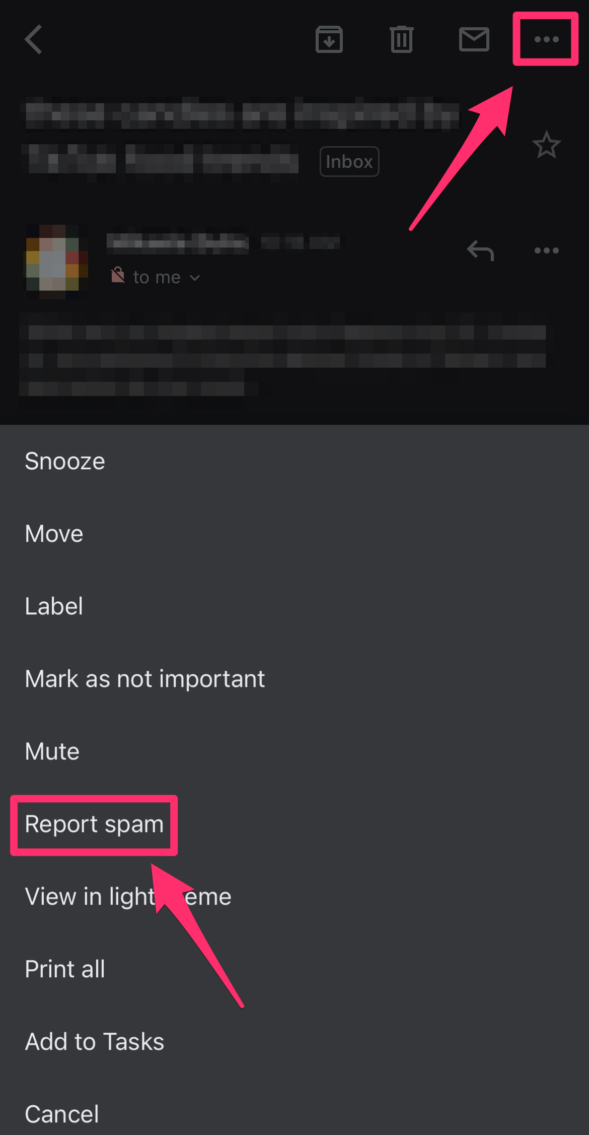 Screenshot of the Gmail app with the Report spam option highlighted