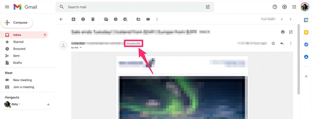 Desktop screenshot of a Gmail email with the Unsubscribe option highlighted