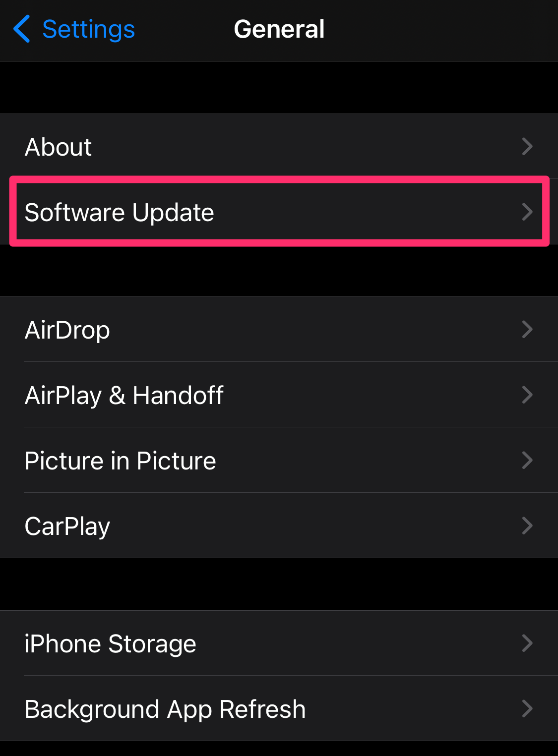 Screenshot of General page in iPhone Settings app