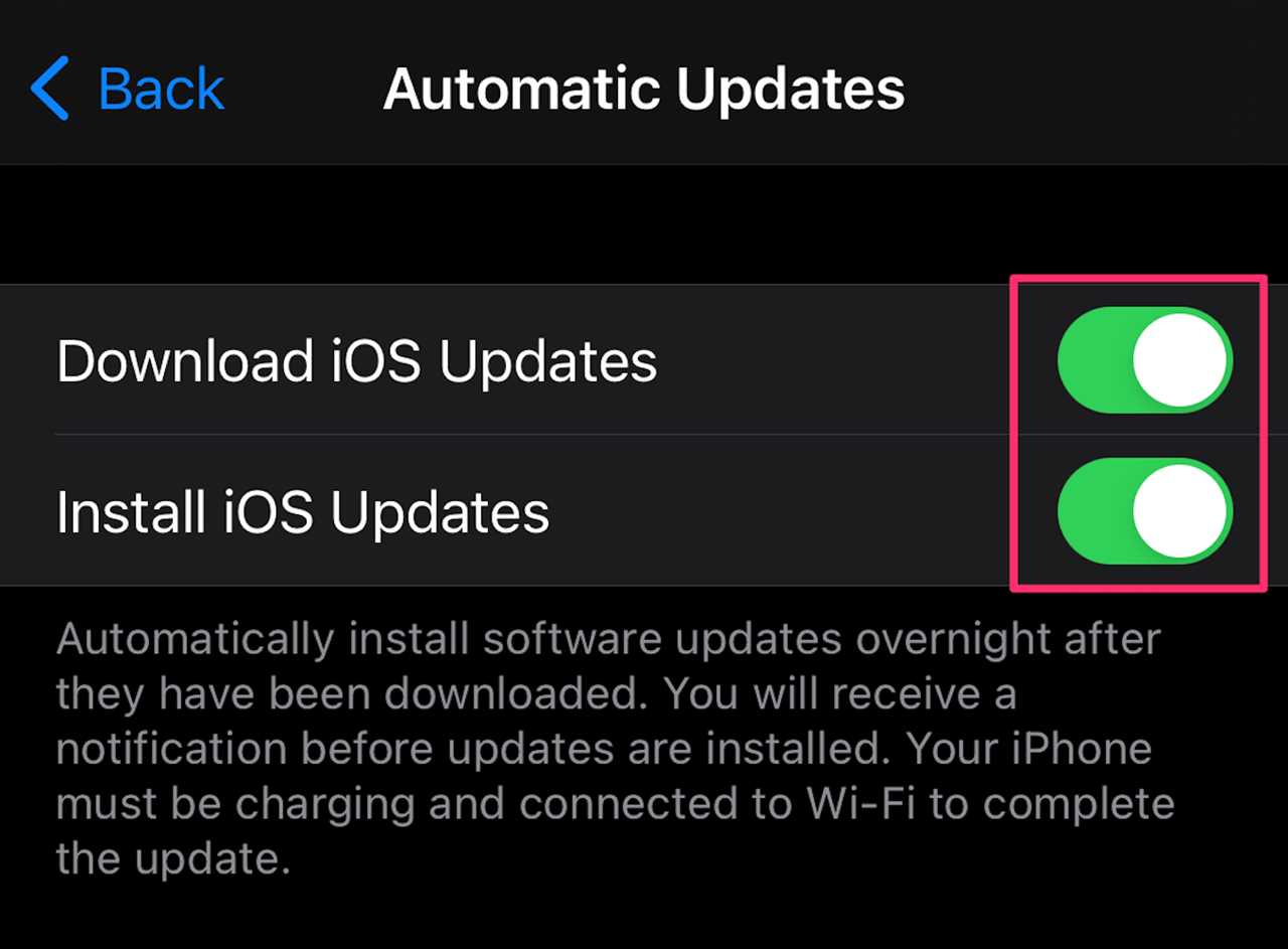 Screenshot of Automatic Updates page in iPhone Settings app