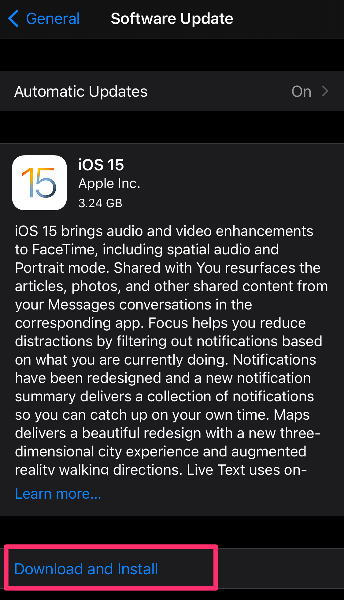 Screenshot of Software Update summary screen in iPhone Settings