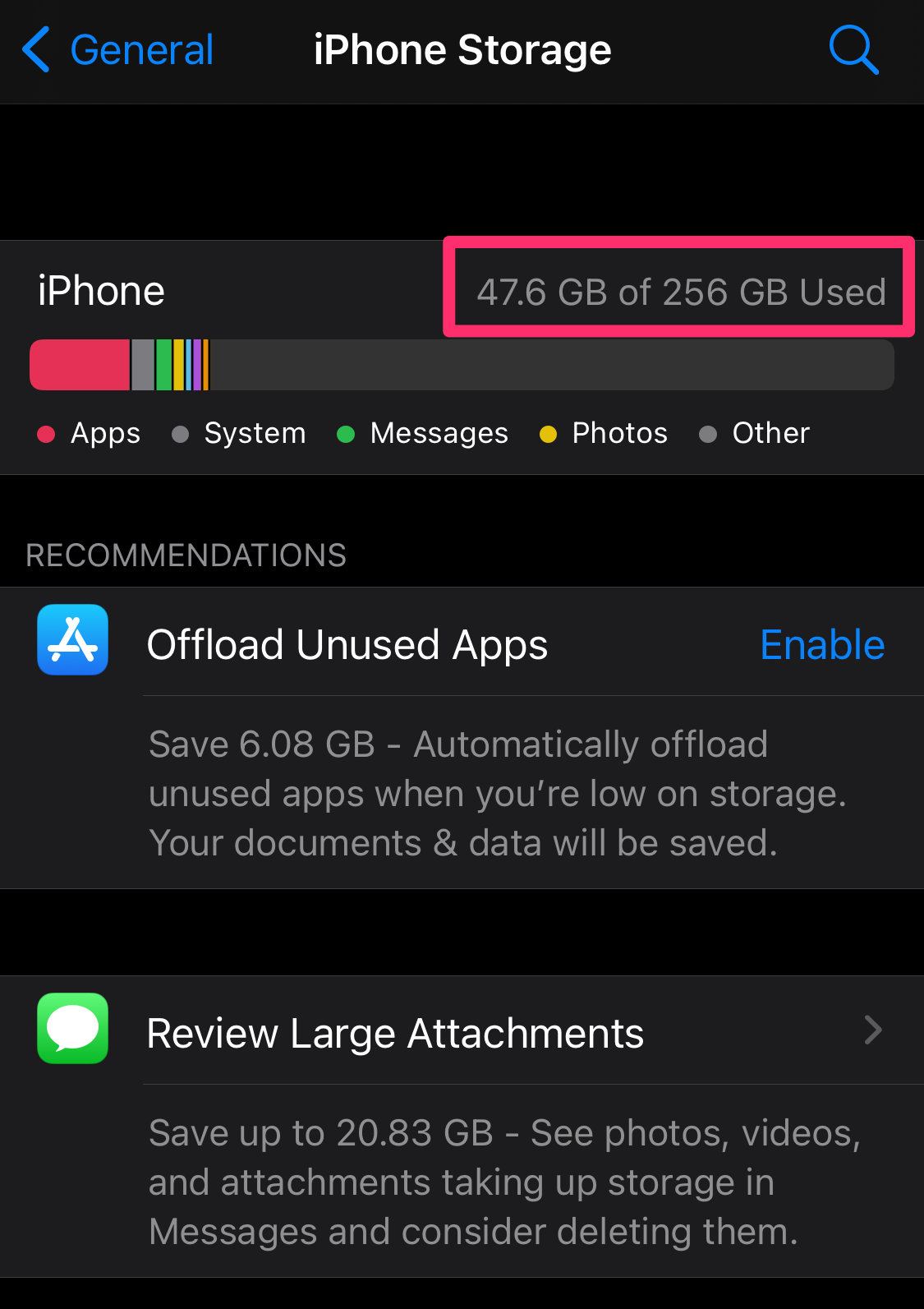 Screenshot of iPhone Storage page in iPhone Settings app