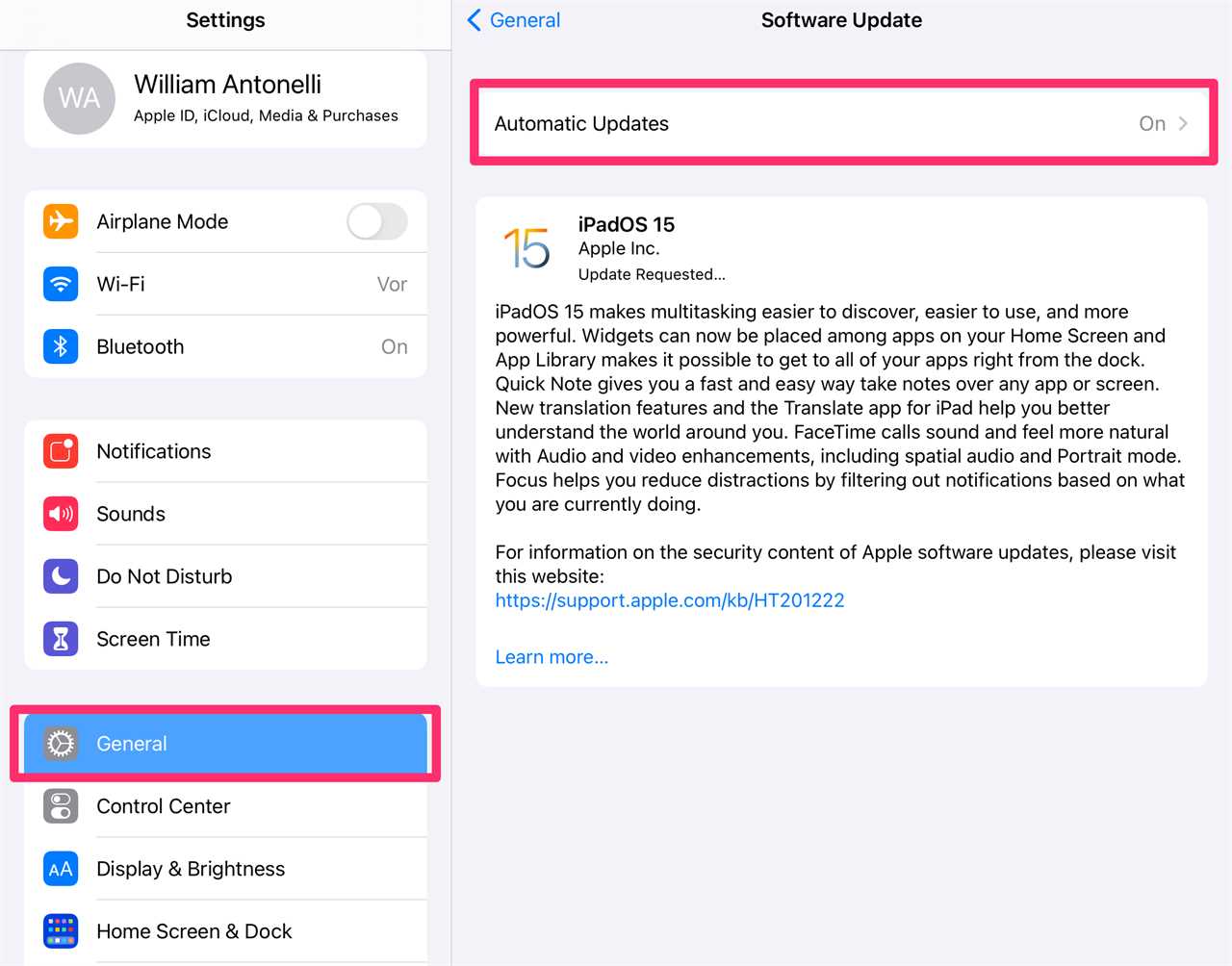 Screenshot of Software Update page in iPad Settings app