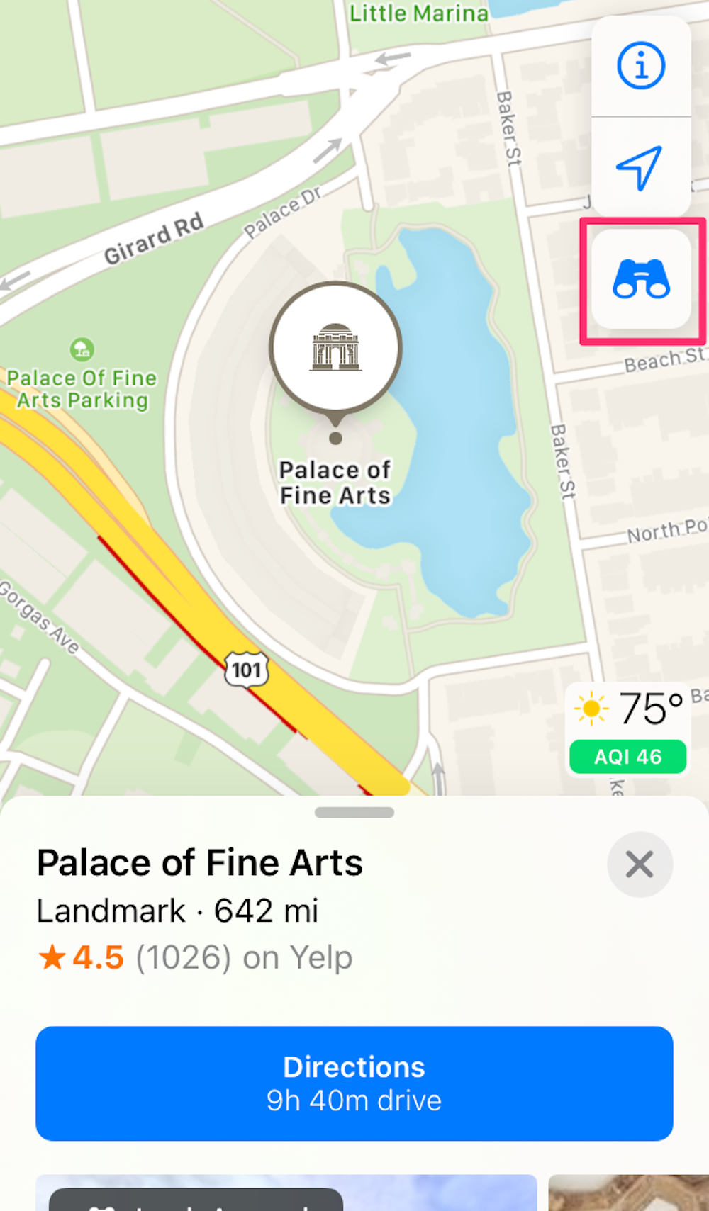 Screenshot of the Palace of Fine Arts as it appears in the Maps app