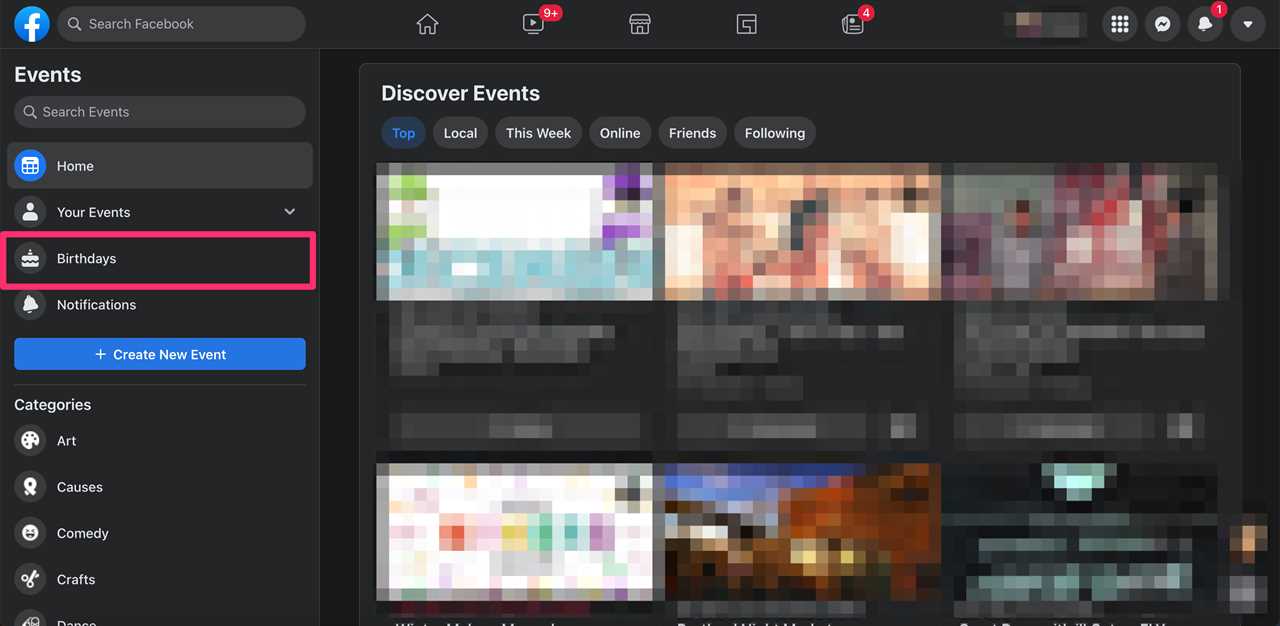 Screenshot highlighting the Birthdays section on Facebook