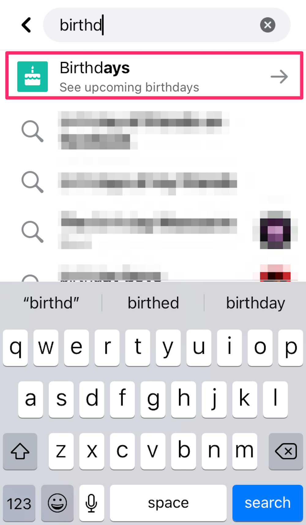 Screenshot showing the Birthdays option on the Facebook app