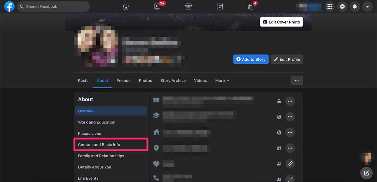 Screenshot highlighting the Contact and Basic Info section on a Facebook profile