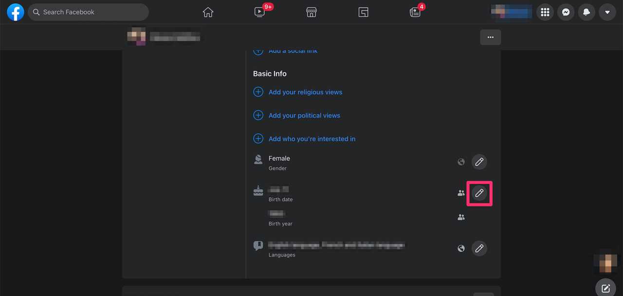 Screenshot highlighting the edit icon that appears next to your birthday details on Facebook