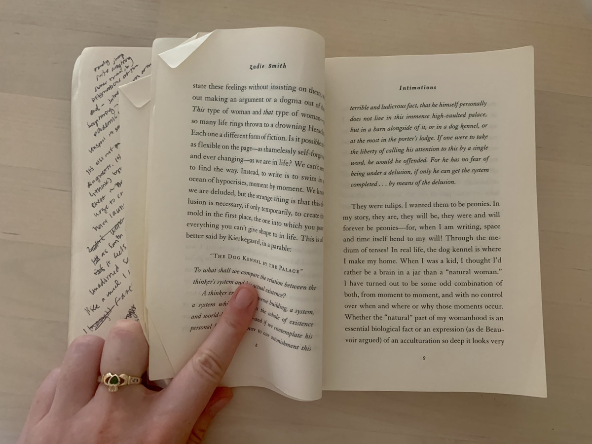 Open page of "Intimations" by Zadie Smith