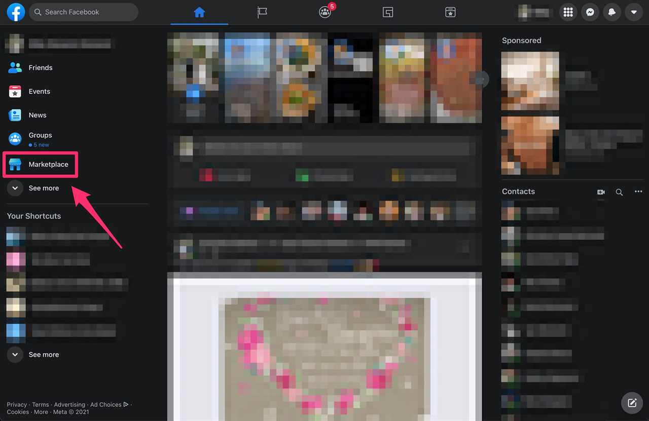 Facebook website screenshot highlighting Marketplace.