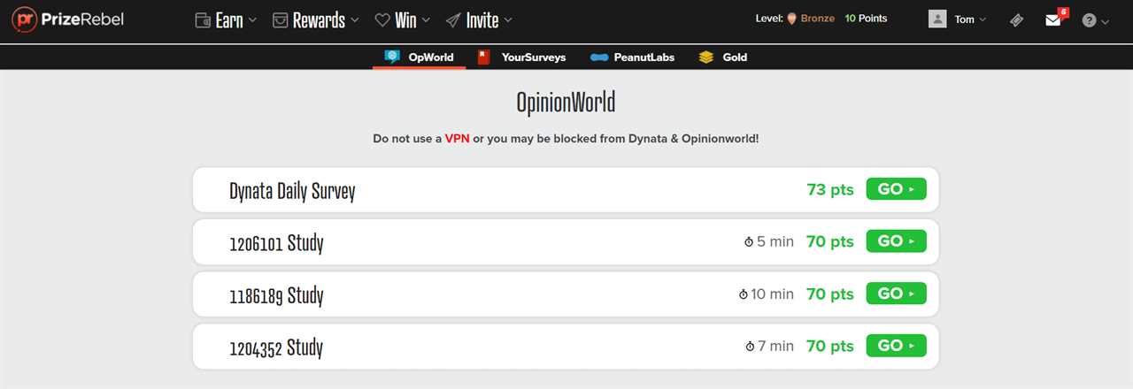 Screenshot of PrizeRebel surveys from Dynate & Opinionworld