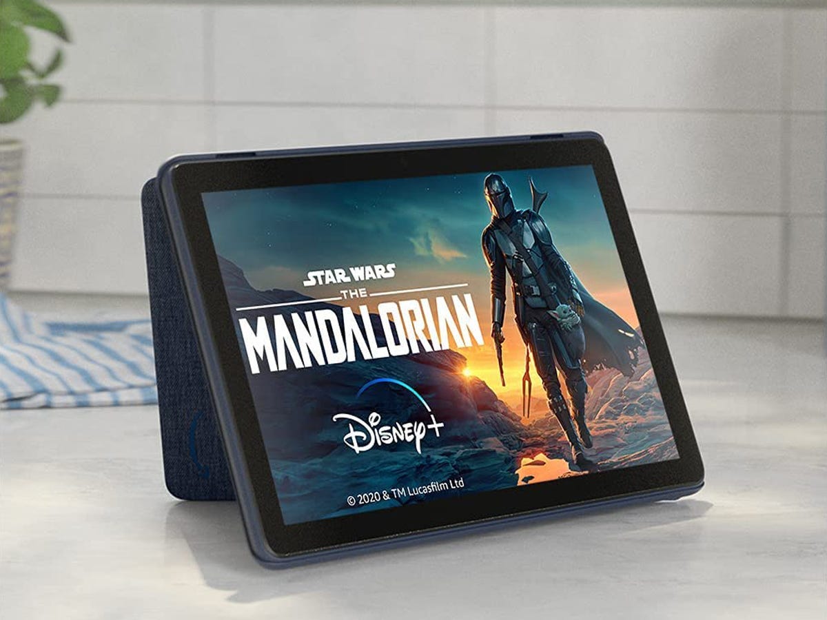 The All-new Fire HD 10 tablet, with the cover of The Mandalorian on the screen