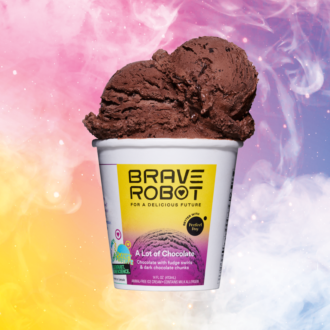 A cup of Brave Robot non-animal dairy ice cream, which uses Perfect Day animal-free dairy protein.