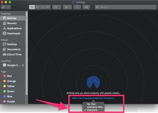 Screenshot of the AirDrop Finder window with the "Allow me to be discovered by" options highlighted.