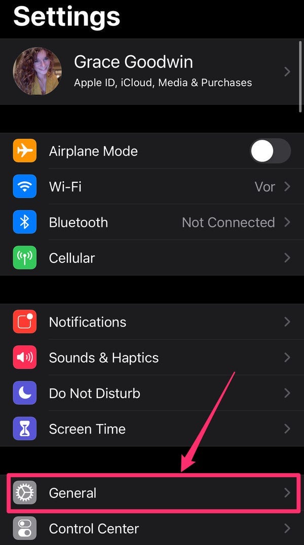 Screenshot of the Settings app with the General tab highlighted.