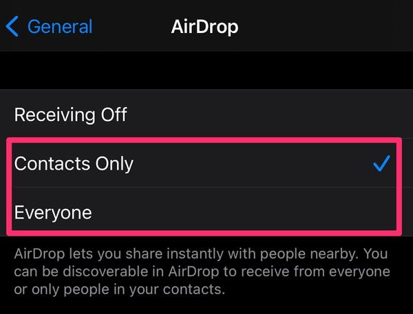 Screenshot of the AirDrop submenu with its options highlighted.