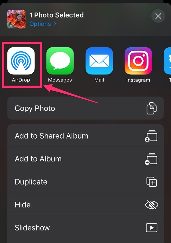 Screenshot of the share menu with the AirDrop option highlighted.