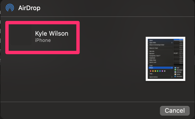 Screenshot from Mac of the available devices to AirDrop to.