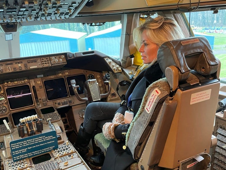 Suzannah Harvey inside the Boeing 747 "party plane's" cockpit.